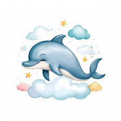 Cercles muraux Baleine Cartoon Dolphin Sleeping on a Cloud for children books