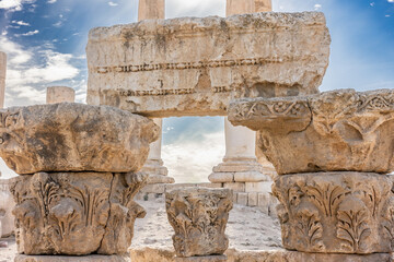Closeup view of the uncompleted Roman Temple of Hercules at the Amman Citadel in Amman in Jordan. 