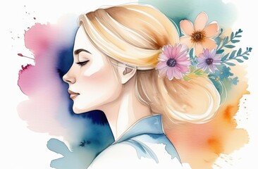 Portrait of a blonde girl surrounded by flowers. A greeting card for a woman. With a place for the text. International Women's Day. Poster for beauty salons, spas.