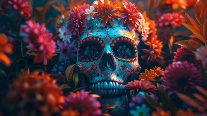 Calavera Sugar Skull decorated with flowers The day of the dead - obrazy, fototapety, plakaty