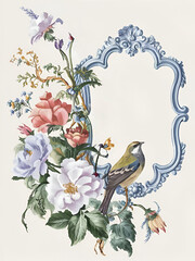 Artistic vintage blue floral with bird watercolor frame with copy space area. Generative ai