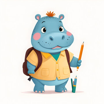 Cartoon Hippo ready for school for school   story book cover design
