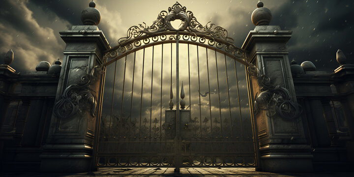 gothic gate, iron mansion gates, with misty fog and lanterns, for a spooky and mysterious vibe, Fantasy Wrought Iron Gate, Generative AI