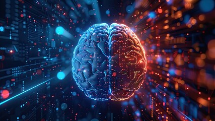 Merge of digital AI and human brain halves in complexity theory, futuristic blue background. Conceptual synthesis of minds.