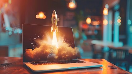 Empower your startup journey with technology! A laptop in a coffee shop, launching success and innovation like a stylized rocket. Ideal for marketing, communication, and advertising concepts. 