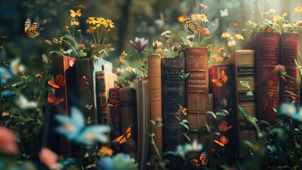 Discover the magic of a garden where books bloom like flowers, surrounded by butterflies and birds. A captivating scene symbolizing the growth and beauty literature adds to our lives. - obrazy, fototapety, plakaty