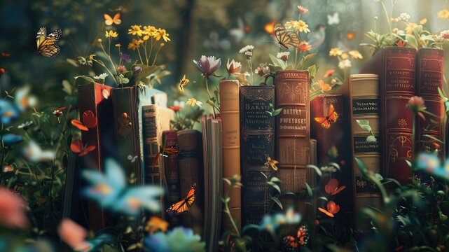 Discover the magic of a garden where books bloom like flowers, surrounded by butterflies and birds. A captivating scene symbolizing the growth and beauty literature adds to our lives.