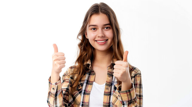 Young woman in casual clothes posing with a thumbs-up isolated on white background.