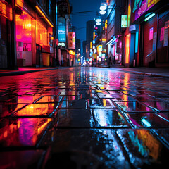 Neon lights reflecting on a wet pavement. 