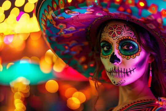 Celebrate DÃ­a de los Muertos with a Vibrant Skull Hat Generative AI