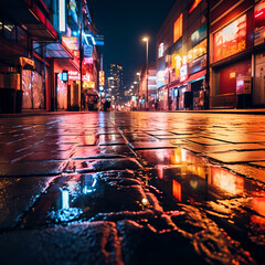 Neon lights reflecting on a wet pavement.  - obrazy, fototapety, plakaty