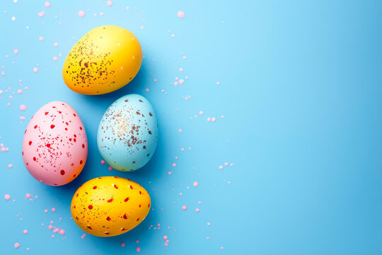 Colorful Easter eggs resting on a blue background