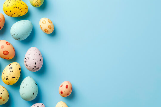 Collection of vibrant Easter eggs painted in various colors displayed on a plain blue background