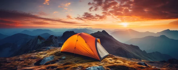  Camping tent at sunset light in beautiful mountains. nature camping theme © amazingfotommm