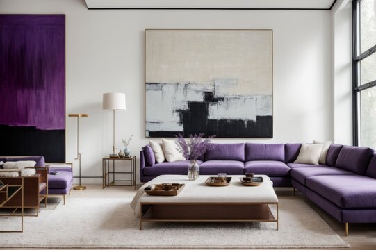 Fashionable space boasting a blue sectional sofa and an impressive abstract painting 