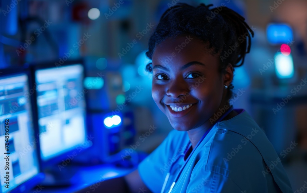 Poster a woman is smiling at the camera while sitting in front of two computer monitors. she is wearing a b