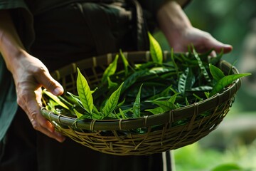 Harvesting Tea Leaves in a Basket Generative AI