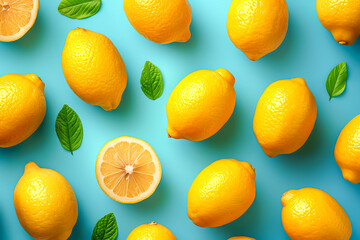 an isometric pattern of lemons on a teal minimalist background, tabletop photography