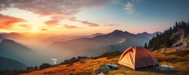 Zelfklevend Fotobehang Camping tent at sunset light in beautiful mountains. nature camping theme © amazingfotommm