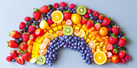 rainbow made out of fruits, selection of healthy food. superfoods, various fruits, and assorted berries, health food for fitness concept with antioxidants, carbohydrates, minerals and vitamins