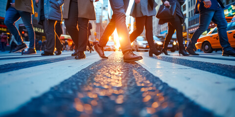 business people crowd crossing the urban street, busy city low angle motion shot