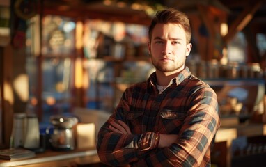Fototapeta premium A man in a plaid shirt stands in front of a counter with his arms crossed. He looks serious and focused