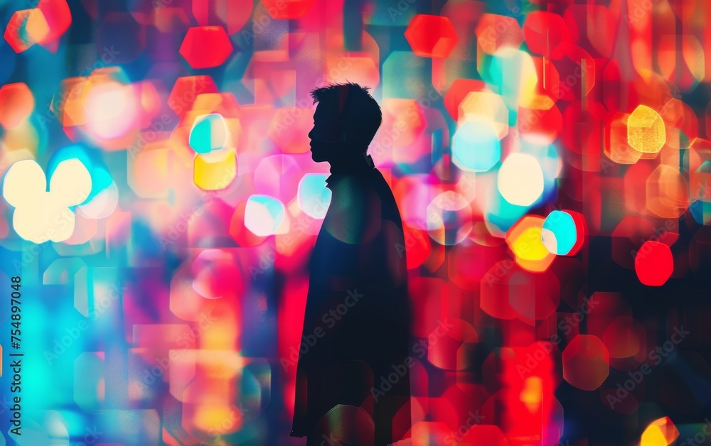Poster a man stands in front of a blurry background of lights. the lights are in different colors and the m