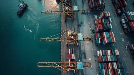 Aerial Perspective of Active Cargo Port with Ships and Cranes Handling Containers