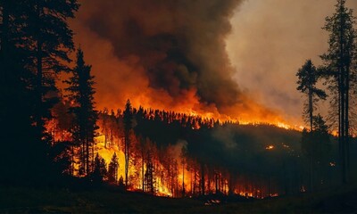 At night a terrible forest fire broke out in the forest. Ecology, natural disasters