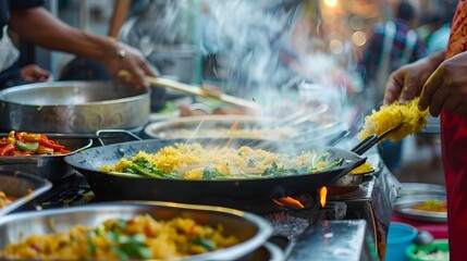 Indian Street Food Festival with Sizzling Woks and Colorful Market Stalls - obrazy, fototapety, plakaty