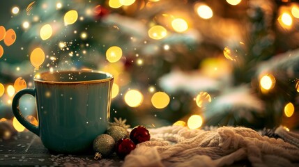 Mug of hot drink with christmas tree and lights on background  - obrazy, fototapety, plakaty