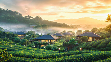 Fototapeta premium Misty Mountain Farm, A Tranquil Morning in Thailands Green Hills, The Quiet Beauty of Agricultural Life, Fresh Air and Nature
