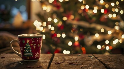 Mug of hot drink with christmas tree and lights on background  - obrazy, fototapety, plakaty