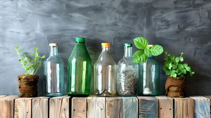 Comic-style Eco-friendly Home Decor with Glass and Plastic Bottles filled with Green Plants on Wooden Slats against a Dark Gray Wall