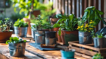 Potted Plants and Gardening Tools Basking in Sunlit Home Garden