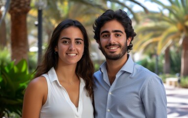 Obraz premium A man and a woman are smiling for the camera. The man is wearing a blue shirt and the woman is wearing a white tank top. They are standing in front of a palm tree