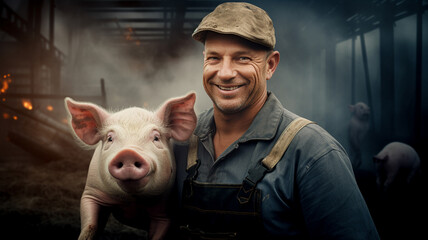 male farmer holding pig and smiling happily on his farm