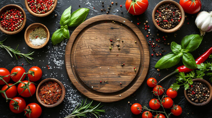 Healthy food background with round wooden cutting board and fresh seasoning, spoon and vegetables. Top view.