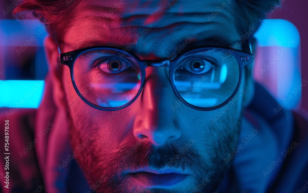Aufkleber a man with glasses is staring at the camera. the image has a moody and intense feel to it, as if the