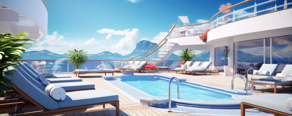 Modern pool or pool deck at vacation ship.