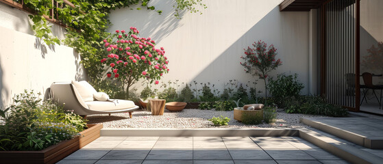 Minimal mock up with suburban patio of penthouse. Backyard terrace with plants, blooming peonies,  lounge furniture. Luxury exterior design. Villa facade. Copy space. Generative ai - obrazy, fototapety, plakaty