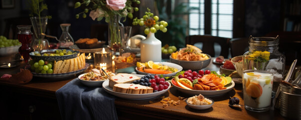 Healthy breakfast table, fruits meat and salads fresh food. banner