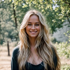 Naklejka premium Happy lady with flowing hair stands in picturesque outdoor location 