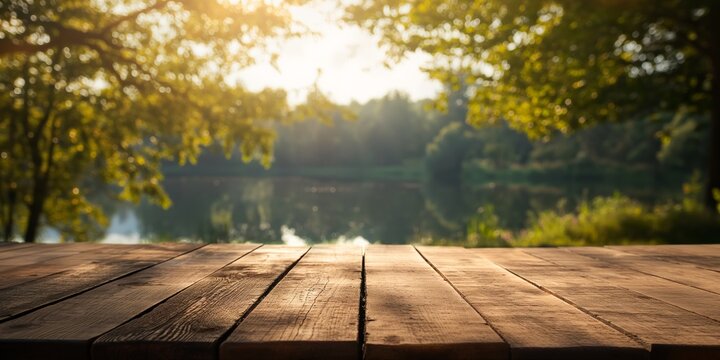 Rustic wooden tabletop with a dreamy, sunlit forest and lake in the background.