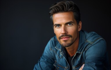 Obraz premium A man with a beard and blue jacket is sitting in front of a black background. He has a serious expression on his face