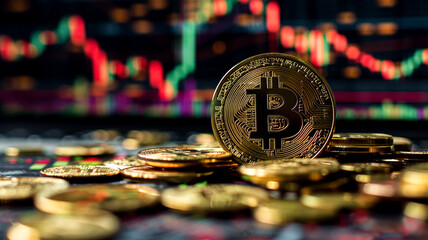 Some Bitcoin symbols and gold coins displayed in front of stock charts. which was placed on a pile of gold coins It symbolizes and represents the market capitalization of Bitcoin. - 754898294