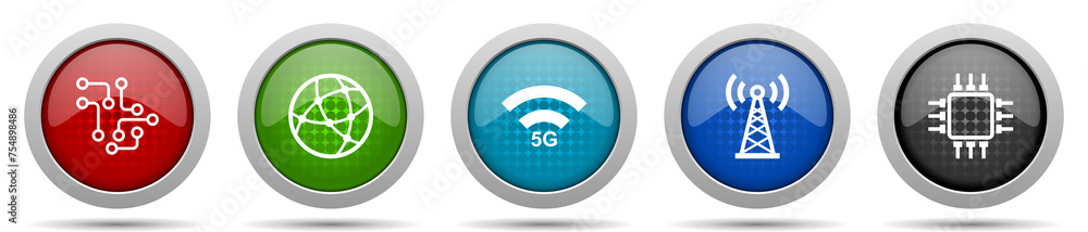 Poster Technology and computer icons, miscellaneous buttons such as chip, globe, 5g, antenna and computer, circle glossy web icon collection
