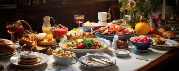 Healthy breakfast table, fruits meat and salads fresh food. banner