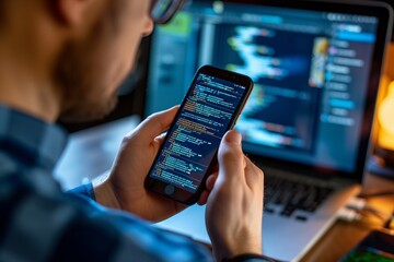 Programmer reviewing code on smartphone. Generative AI - 754898470