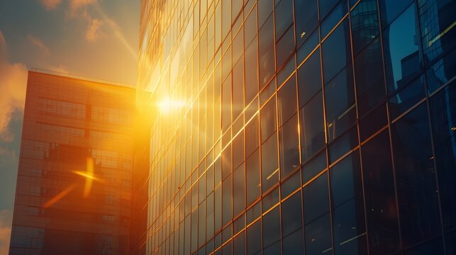 Modern Office Building Basking in Golden Hour Sunlight - Commercial Sustainability